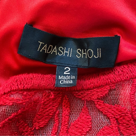 TADASHI SHOJI RED PLEATED BLOUSON WAIST SHEER EMBROIDERED LACE CAP SLEEVE DRESS - Picture 13 of 16